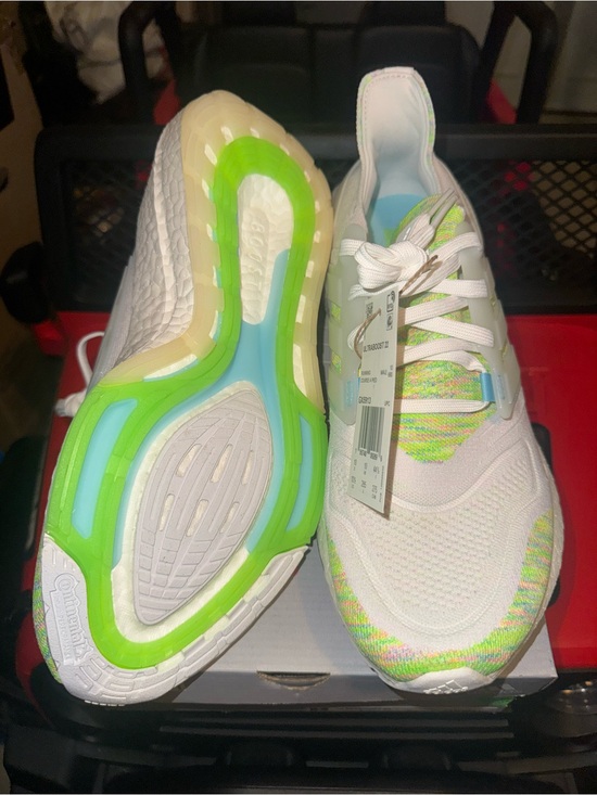White Adidas Ultraboost Knit Sneakers with Neon Green & Blue Accents